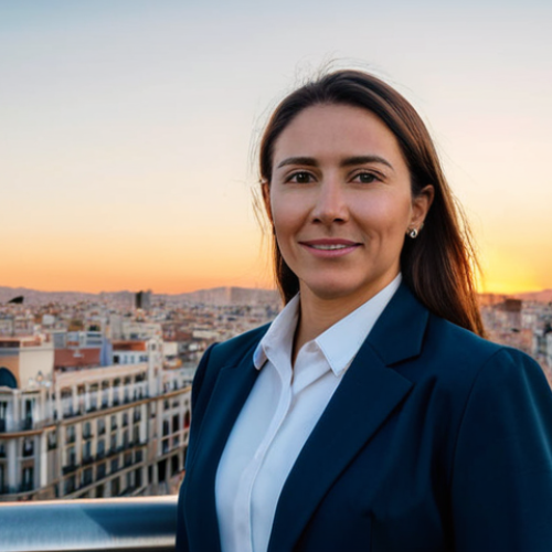 Home 7 **
"A professional businesswoman in a modest business suit, standing in front of the Madrid skyline at sunset, fully clothed, appropriate attire, safe for work, perfect anatomy, natural proportions, professional photography, high quality, family-friendly."
**