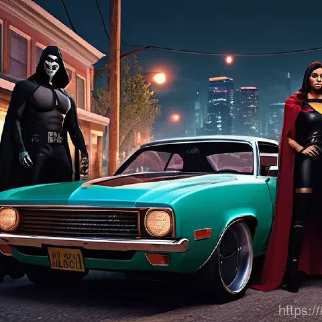 GTA5 계절별 게임 이벤트 - **"A group of four diverse, fully clothed young adults in Los Santos, celebrating a vibrant Hallowee...