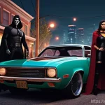 Home 3 GTA5 계절별 게임 이벤트 - **"A group of four diverse, fully clothed young adults in Los Santos, celebrating a vibrant Hallowee...