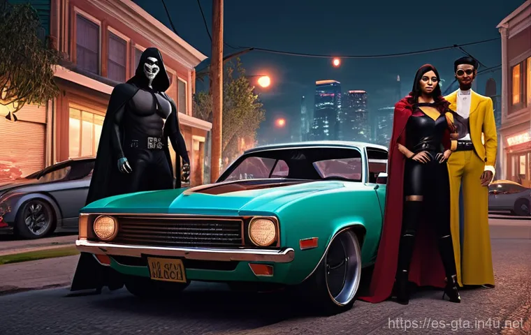 GTA5 계절별 게임 이벤트 - **"A group of four diverse, fully clothed young adults in Los Santos, celebrating a vibrant Hallowee...