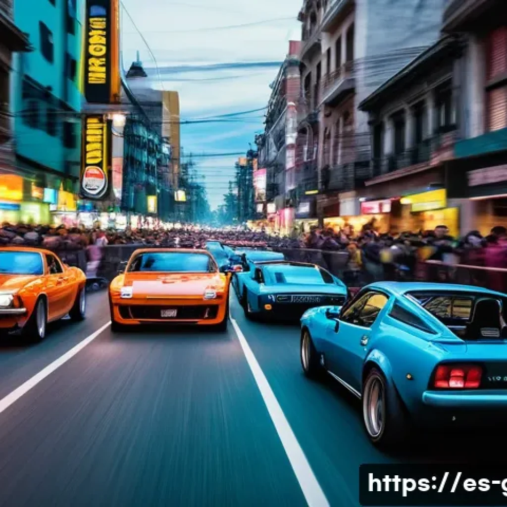 GTA5 다양한 커뮤니티 이벤트 참여하기 - A dynamic street racing scene set in a vibrant urban environment at dusk in Mexico City, featuring a...