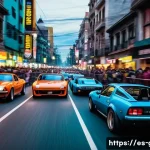 Home 22 GTA5 다양한 커뮤니티 이벤트 참여하기 - A dynamic street racing scene set in a vibrant urban environment at dusk in Mexico City, featuring a...