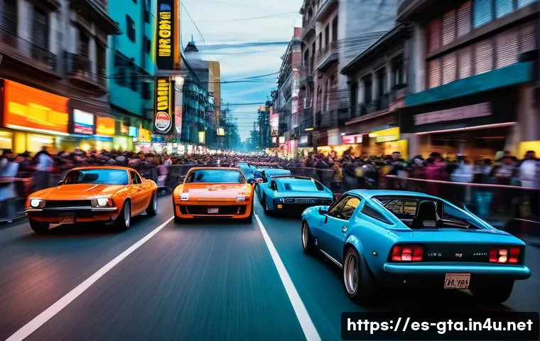 GTA5 다양한 커뮤니티 이벤트 참여하기 - A dynamic street racing scene set in a vibrant urban environment at dusk in Mexico City, featuring a...