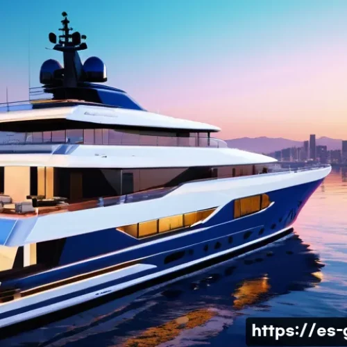Home 33 GTA5 최고급 요트 구매와 유지비 - A luxurious modern yacht anchored near a vibrant Los Santos marina at sunset, featuring spacious dec...