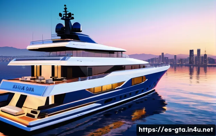GTA5 최고급 요트 구매와 유지비 - A luxurious modern yacht anchored near a vibrant Los Santos marina at sunset, featuring spacious dec...