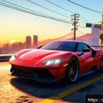 Home 20 GTA5 인기 트릭과 그 결과 - A dynamic urban scene at sunset in a detailed Los Santos cityscape from GTA5, featuring a male chara...
