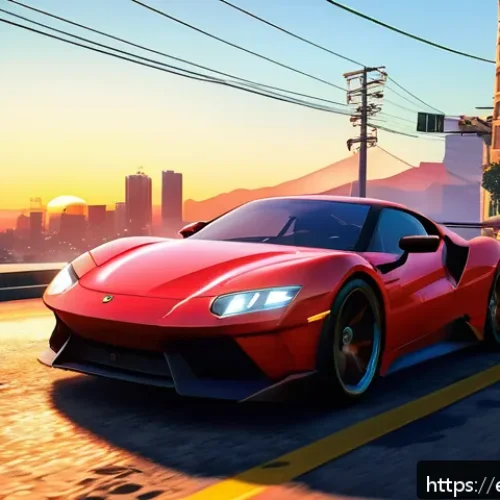 Home 32 GTA5 인기 트릭과 그 결과 - A dynamic urban scene at sunset in a detailed Los Santos cityscape from GTA5, featuring a male chara...