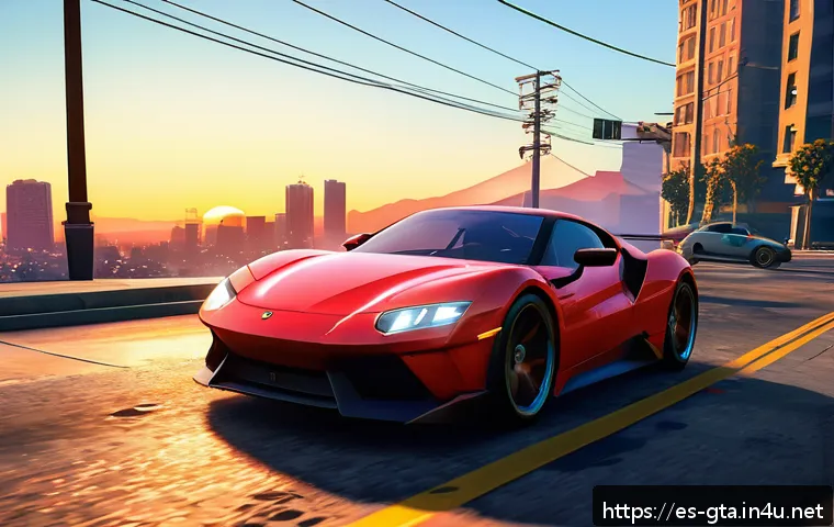 GTA5 인기 트릭과 그 결과 - A dynamic urban scene at sunset in a detailed Los Santos cityscape from GTA5, featuring a male chara...
