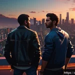 Home 18 GTA5 스토리라인 대체 엔딩 모드 - A dynamic urban scene in Los Santos at dusk, featuring three male protagonists standing together on ...
