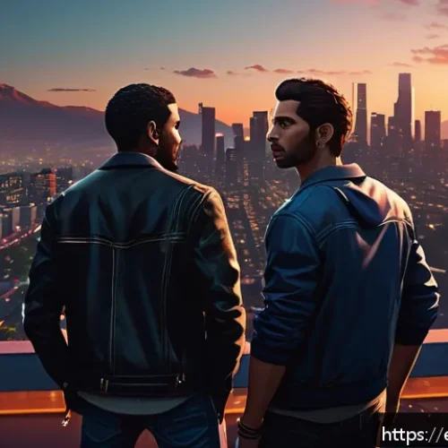 Home 30 GTA5 스토리라인 대체 엔딩 모드 - A dynamic urban scene in Los Santos at dusk, featuring three male protagonists standing together on ...