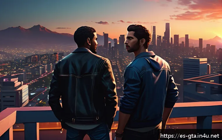 GTA5 스토리라인 대체 엔딩 모드 - A dynamic urban scene in Los Santos at dusk, featuring three male protagonists standing together on ...