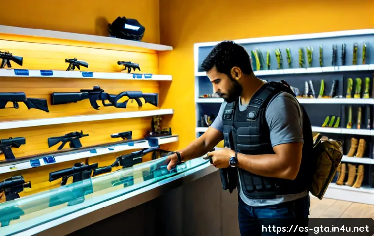 GTA5 무기 상점 추천 장비 - Photorealistic video-game-inspired weapon shop interior in a modern Latin American city, adult custo...