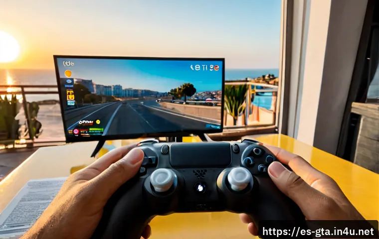 GTA5 게임 트렌드와 업데이트 전망 - Photorealistic gaming setup in a modern Spanish apartment at sunset, adult player seen from behind h...