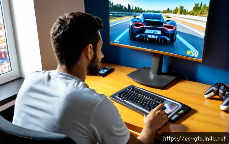GTA5 프리미엄 콘텐츠 유료 구매 가이드 - Photorealistic Spanish young adult seated at a tidy apartment desk in Madrid, safely purchasing prem...
