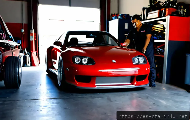 Home 17 GTA5 커스텀 차량 제작 팁 - Photorealistic cinematic scene of a customized street-racing coupe in a clean urban garage in Mexico...